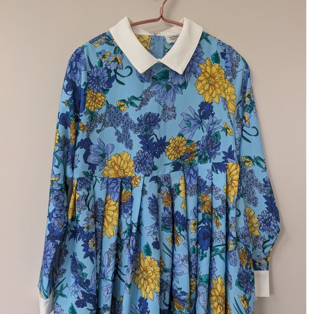 Unique Vintage Light Blue Floral Peter Pan Collar Mod Babydoll Dress 60s Small - Picture 6 of 14